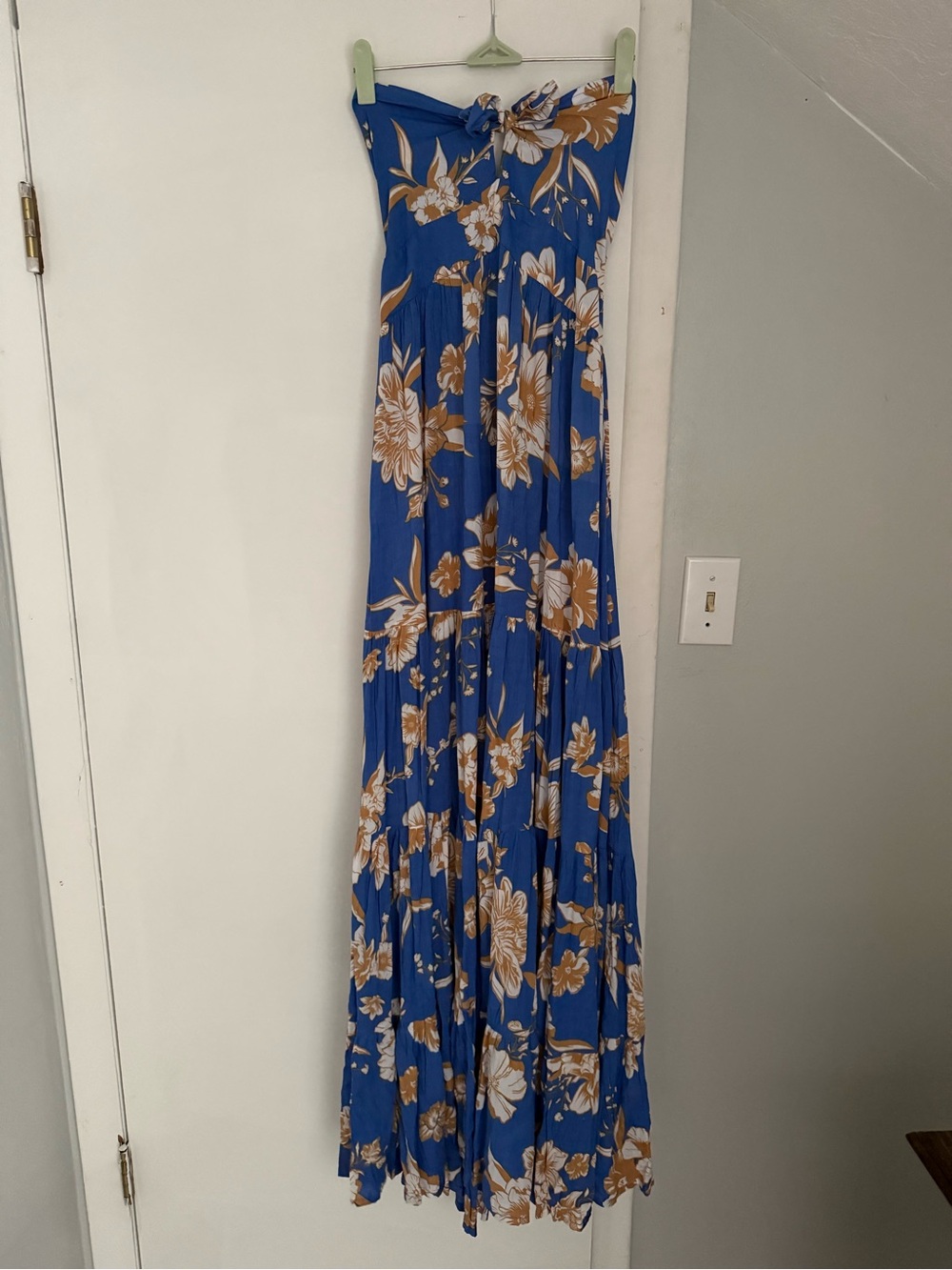 Tiare Hawaii Blue Strapless Floral Maxi Dress